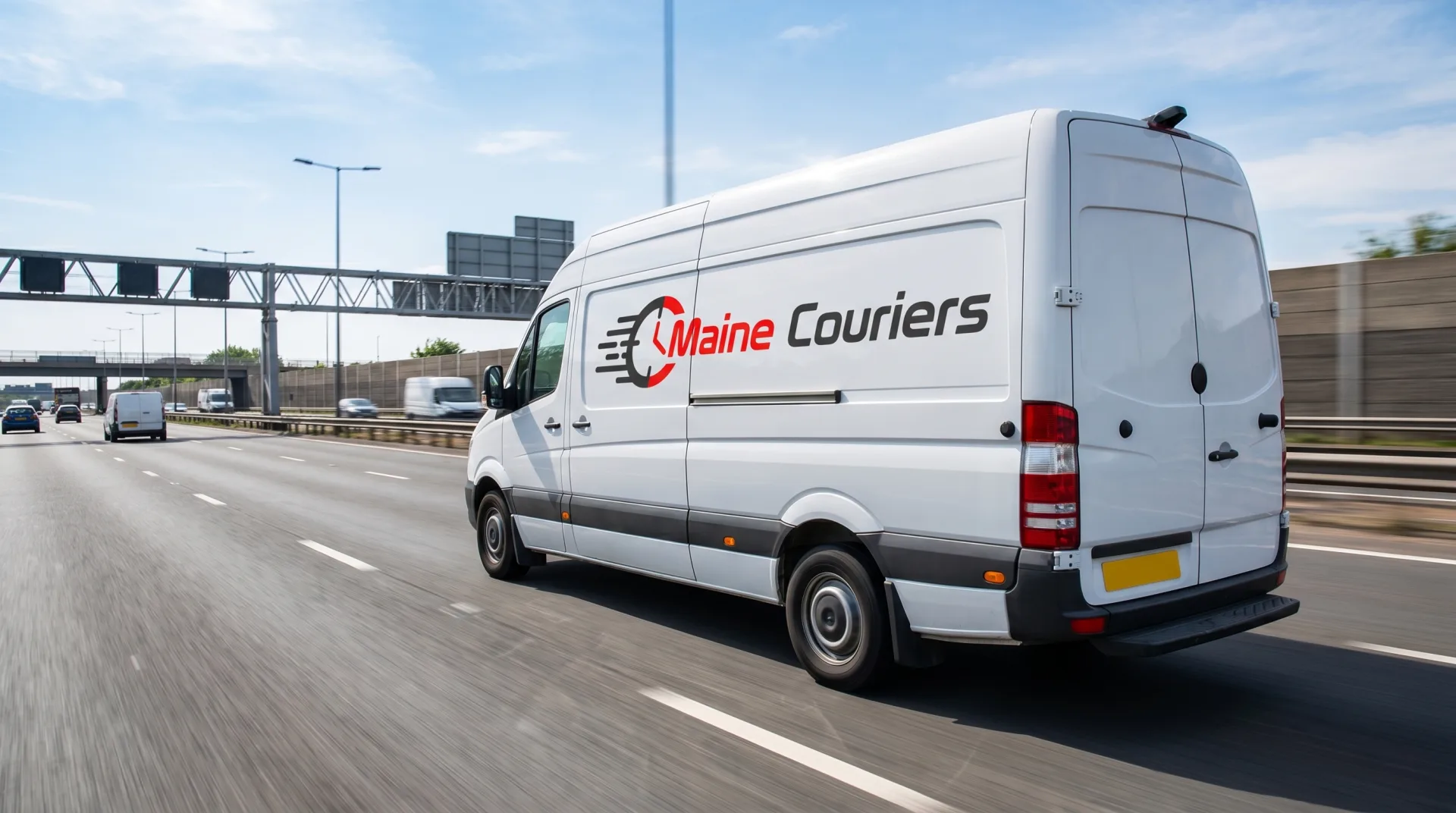 Maine Couriers dedicated van travelling on the motorway
