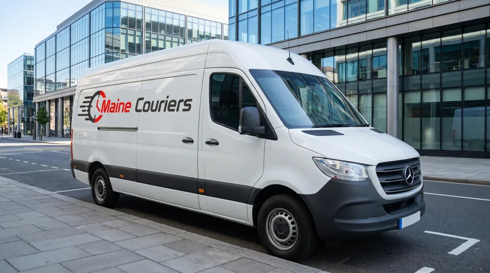 Maine Couriers branded express delivery van in the city