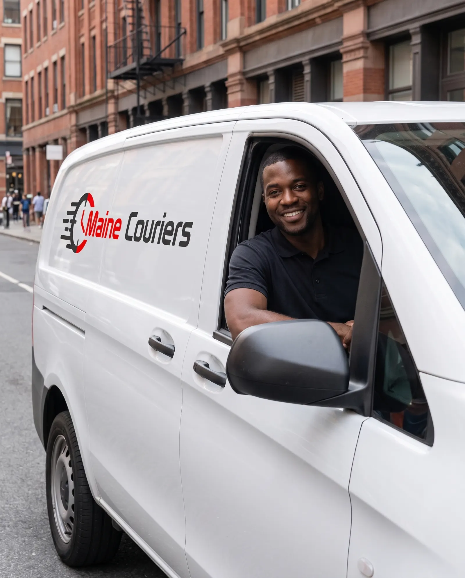 A Maine Couriers driver standing by the van