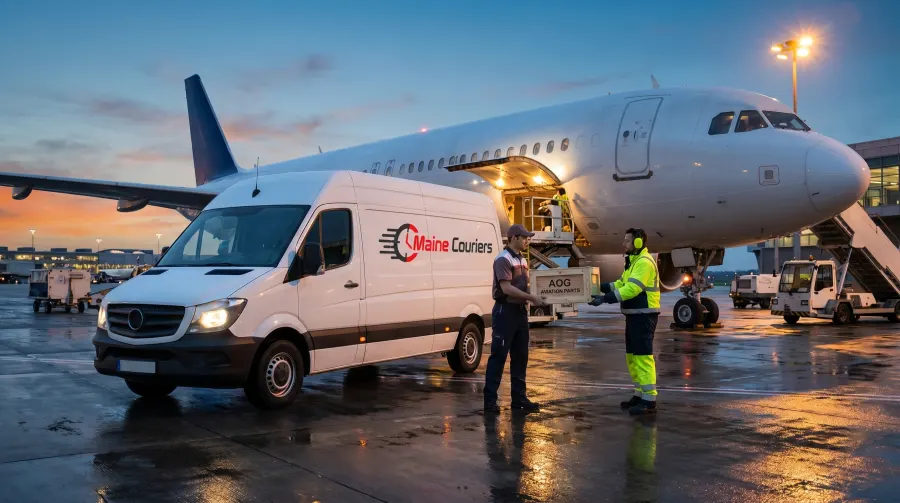 Maine Couriers van delivering AOG parts beside a cargo aircraft