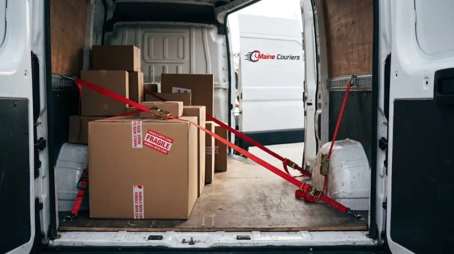 Fragile parcels secured with straps inside a Maine Couriers van