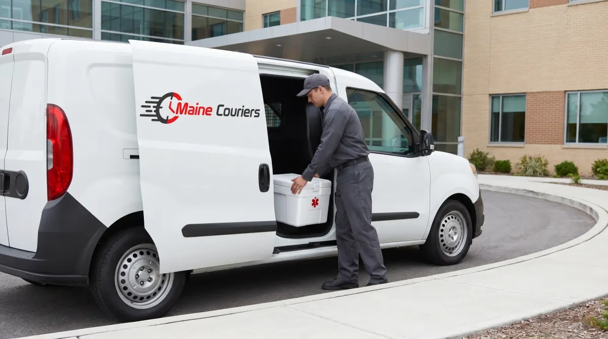 Maine Couriers driver loading an insulated medical cool-box into a van